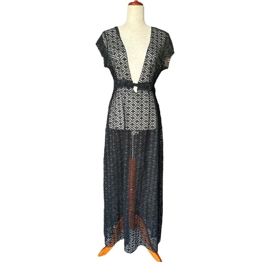 Aiken Swim Dress Black Sheer Knit Pool Maxi Cover-Up Resort Size L